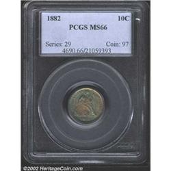 1882 10C MS66 PCGS. Lovely sea-green and golden-brown patina. The flashy fields are mildly prooflike