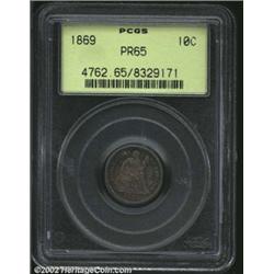 1869 10C PR65 PCGS. The cobalt-blue and rust-orange patina is both vivid and iridescent. A nicely st