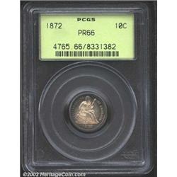 1872 10C PR66 PCGS. Light golden centers with charcoal-gray peripheral toning. The fields are deeply