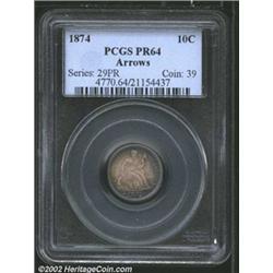 1874 10C Arrows PR64 PCGS. Deep lilac, violet, and apple-green patina. Exquisitely preserved with a.