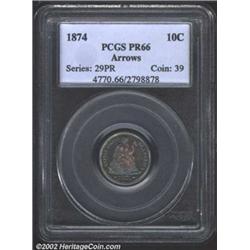 1874 10C Arrows PR66 PCGS. The second of only two proof deliveries of the 1873-1874 Arrows type, thi