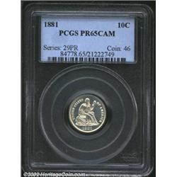 1881 10C PR65 Cameo PCGS. A brilliant and nicely struck Gem that has irrefutable cameo contrast. Les