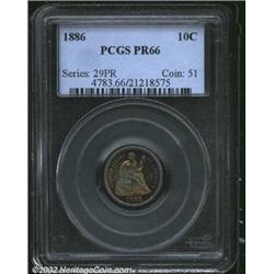 1886 10C PR66 PCGS. A razor sharp strike with pleasing multicolored toning and one or two small abra