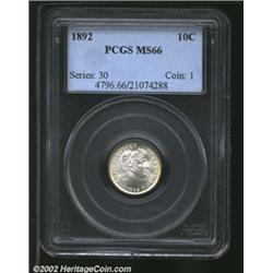 1892 10C MS66 PCGS. A lustrous Gem that has just a hint of lemon-gold color at the margins. A well s