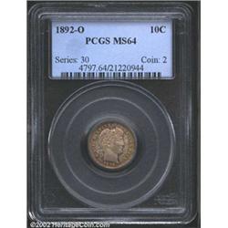 1892-O 10C MS64 PCGS. Golden-brown, rose-violet, and sea-green colors. A well struck near-Gem that h