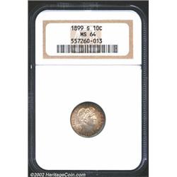 1899-S 10C MS64 NGC. Lovely peripheral golden-brown and violet-blue patina. A well struck and lustro