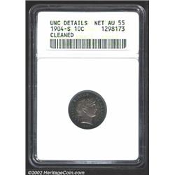 1904-S 10C--Cleaned--ANACS. Unc Details, Net AU55. The rich golden-brown, sea-green, and lilac patin