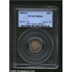 1905-S 10C MS64 PCGS. Deep sea-green and maroon patina. A well struck near-Gem with pleasing surface