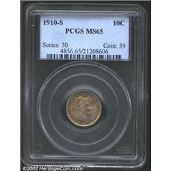 1910-S 10C MS65 PCGS. Rich golden-brown and lilac patina. A well struck Gem with very good luster an