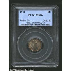 1911 10C MS66 PCGS. Rich, original, antique-copper and olive-orange toning envelops both sides of th