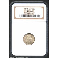 1915-S 10C MS66 NGC. The obverse has speckled russet patina, while the reverse has splendid yellow-g