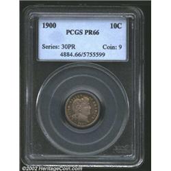 1900 10C PR66 PCGS. Splendid gold and lavender patina. A razor-sharp Gem with seemingly pristine sur