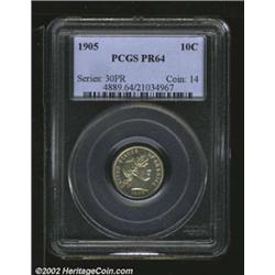 1905 10C PR64 PCGS. The 05 in the date is boldly repunched northeast. A razor-sharp near-Gem with hi