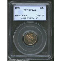 1905 10C PR66 PCGS. Mottled russet toning with deeply mirrored fields and bold definition. An origin