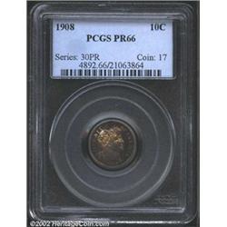 1908 10C PR66 PCGS. Outrageously toned with gold, lime-green, and mauve colors. A razor-sharp Gem th