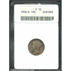 1916-D 10C Fine 12 ANACS. Deep gray and lilac patina, with some charcoal color within the branches..