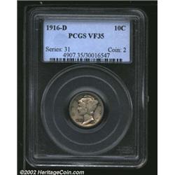 1916-D 10C VF35 PCGS. Silver-gray color with some charcoal patina that outlines the devices. The obv