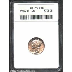 1916-D 10C MS63 Full Bands ANACS. Smoky gray-lilac toning covers each side of this bright, satiny ex