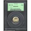 1917-D 10C MS64 Full Bands PCGS. Light tan-gold patina. A lustrous and well struck near-Gem that has