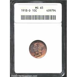 1918-D 10C MS65 ANACS. The obverse has rich mauve and gold color, with a lighter apricot patina on t