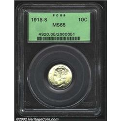 1918-S 10C MS65 PCGS. A lustrous Gem that has light golden-brown patina. Typically struck, but exqui