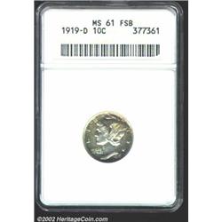 1919-D 10C MS61 Full Bands ANACS. Gold, russet, and apple-green patina. A flashy and mildly prooflik