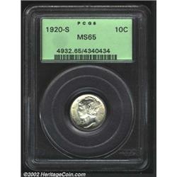 1920-S 10C MS65 PCGS. A lustrous and carefully preserved Gem with light gold patina and a typical st