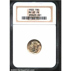 1923 10C MS65 Full Bands NGC. Freckles of tan-gold color occasionally visit the silver-gray surfaces