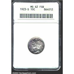 1923-S 10C MS62 Full Bands ANACS. The attractive peripheral rose-violet patina is accompanied by hin