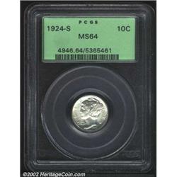 1924-S 10C MS64 PCGS. The fields have faint milky-gray patina. A lustrous and lovingly preserved Mer