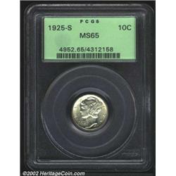 1925-S 10C MS65 PCGS. The obverse has wisps of tobacco-brown patina, while the reverse is essentiall