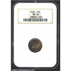 1926 10C MS66 NGC. Deep and iridescent orange, sea-green, and violet patina. A lustrous Gem that has