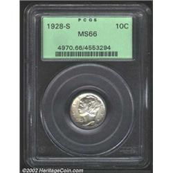 1928-S 10C MS66 PCGS. Small S mintmark. A sharply struck Gem that has attractive light gold and lila