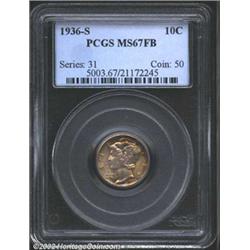 1936-S 10C MS67 Full Bands PCGS. Lovely sunset-gold, aqua-blue, and magenta patina. A flashy Superb.