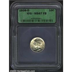 1938-D 10C MS67 Full Bands ICG. A brilliant and flashy Superb Gem with immaculate surfaces and a ver