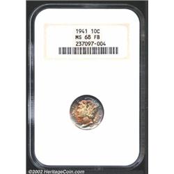 1941 10C MS68 Full Bands NGC. Gorgeous cobalt-blue, champagne-gold, and rose patina. A sharply struc