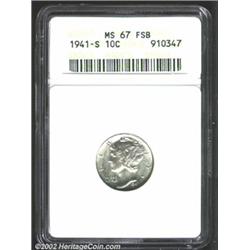 1941-S 10C MS67 Full Bands ANACS. Both sides are lightly freckled with gray-green patina. Lustrous a