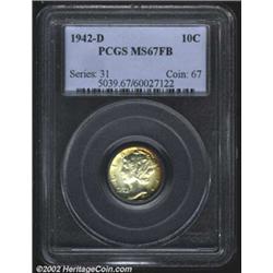 1942-D 10C MS67 Full Bands PCGS. Lustrous well preserved surfaces with dark rainbow coloration towar