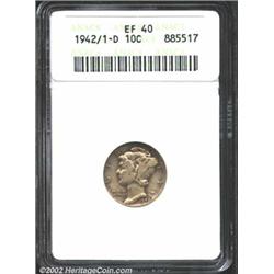 1942/1-D 10C XF40 ANACS. Russet-gold patina lurks in protected areas, while the fields and portrait.