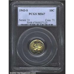 1943-S 10C MS67 PCGS. Pleasing subtle rainbow toning radiating darker towards the peripheries. An in