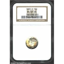 1945-D 10C MS67 Full Bands NGC. The borders have luxurious speckled golden-brown and cobalt-blue pat