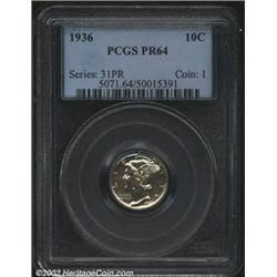 1936 10C PR64 PCGS. A well struck near-Gem with milky gray patina. First year proofs are much scarce