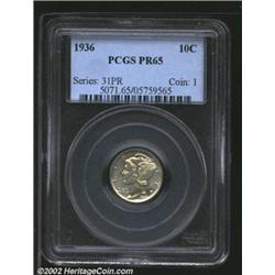 1936 10C PR65 PCGS. Light gold patina, with a burst of dusky tan color on UNITED. A razor-sharp Gem.