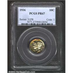 1936 10C PR67 PCGS. The premier proof issue in the Mercury Dime series, the 1936 is also a key date.