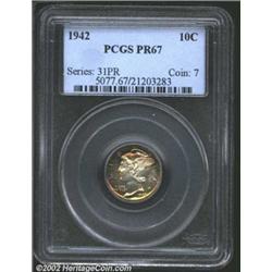 1942 10C PR67 PCGS. The margins have ruby-red and golden-brown patina, while speckled gold and sea-g