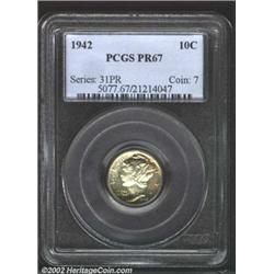 1942 10C PR67 PCGS. The borders offer richly speckled yellow-green and champagne-gold patina. A razo