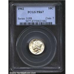 1942 10C PR67 PCGS. The fields have wispy chocolate-tan color. A seemingly pristine Superb Gem that.
