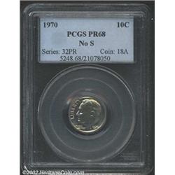 1970 10C No S PR68 PCGS. Gorgeous golden-brown and mauve-violet patina. Well struck and essentially.