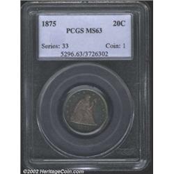 1875 20C MS63 PCGS. Deep sea-green and orange-gold patina. Sharply struck with modest luster and a f