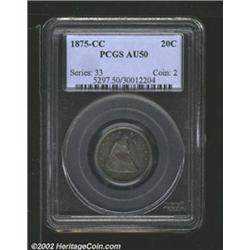 1875-CC 20C AU50 PCGS. Slightly weak in the central areas with golden-russet toning and a superior o
